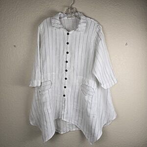 Cheyenne Linen Button Down Shirt Lagenlook Striped Tunic Size L/XL